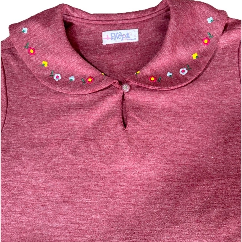 Peter Pan Collar A-Line Burgundy Twee Tunic Top Dress Size*M Embroidered Korean - Picture 7 of 7